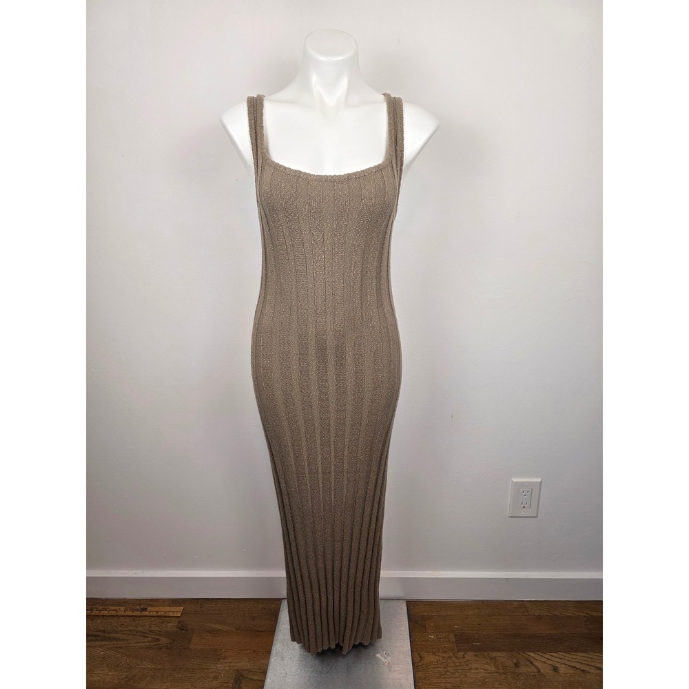 FP Beach Free People Ribbed Knit Square Neck Low Back Maxi Dress Taupe Large
